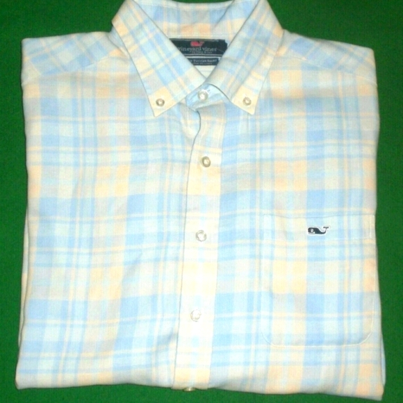 Vineyard Vines Men's Light Blue and Cream Plaid Shirt - Picture 1 of 11
